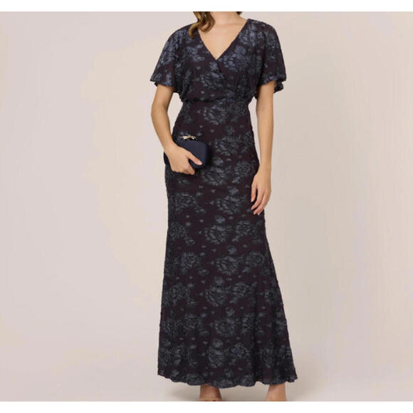 ADRIANNA PAPELL navy burnout velvet floral long blouson dress sz 10 - Picture 1 of 7
